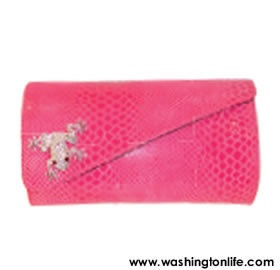 Pink crocodile clutch with crystal frog brouch by Pink Moon