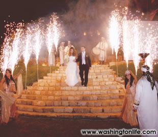 Bride and groom entering reception with fireworks