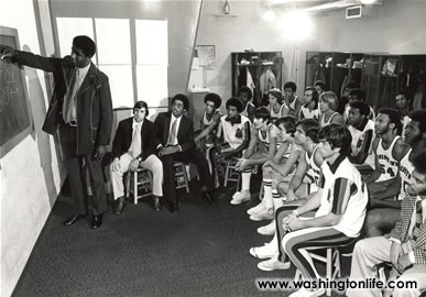 Coach John Thompson Jr. preps a Georgetown team at game time in the 1970’s