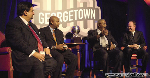 Georgetown superfan, John Thompson III, John Thompson Jr. and Georgetown University President Jack DeGioia discuss Hoya Hoops past and present at the Georgetown 100 kickoff