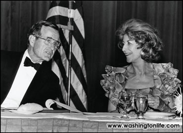 Then, Vice President George Bush, Sr. with Evangeline Bruce at an OSS reception in 1983.