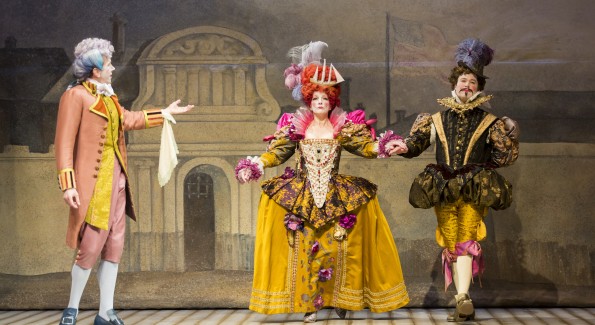 Robert Stanton as Mr. Puff, Charity Jones as Actress 2, and John Catron as Actor in the Shakespeare Theatre Company’s production of The Critic, directed by Michael Kahn. (Photo by Scott Suchman)