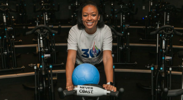 2-time Olympic Gold Medalist and Women’s Sport Foundation Presiden Angela Hucles at Flywheel Dupont (Photo Courtesy of Flywheel)