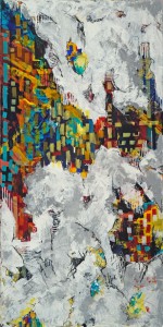 Francesca Britton, "City in the Clouds," mixed media on canvas. Via Zenith Gallery.