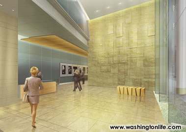 A rendering of the lobby of Hickok Cole Architects' 1050 K, which is going after Gold LEED certification