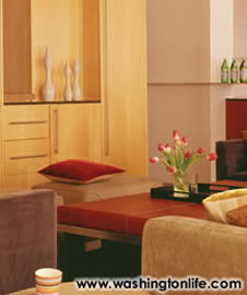 The living room and kitchen