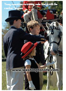Young equestrians-in-training make friends with the coaches’ “engines.”